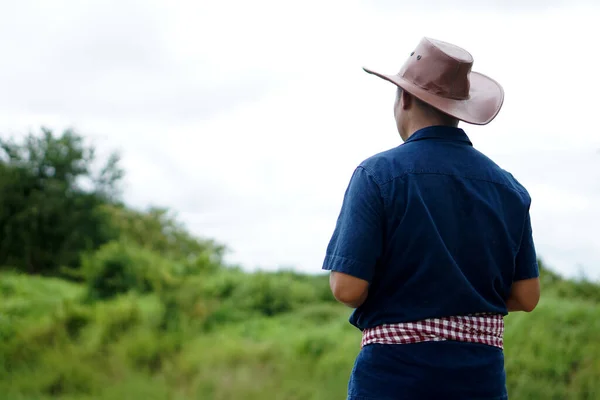 Back view of man farmer wears hat and blue shirt, stand at garden. Concept : Lifestyle, Live with nature. Think and plans  about agriculture business and investment. sight seeing nature.