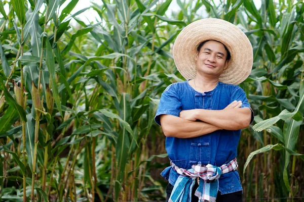 Asian man farmer wears hat, blue shirt, crossed arms on chest, stands at maize garden,smile and confident. Concept : Agricultural occupation. Thai farmer grow corns. Happy farmer.
