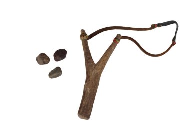 Handmade wooden slingshot,  a Y-shaped stick with elastic between the arms; used to propel small stones  Thai traditional weapon that use to shoot birds, fish , for fight  game or other purposes.     