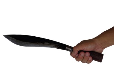 Closeup hand holds vintage knife , isolated on white background.  Concept : Tool or equipment in kitchen, use for chopping, cutting when cooking or other purposes as weapon, hunting. knives in local.