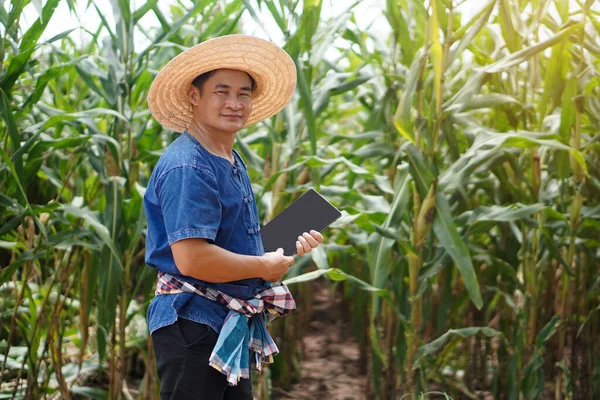 Portrait of Asian man farmer wears hat, blue shirt and holds smart tablet at maize garden. Concept : smart farmer, use technology in agriculture. Happy farmer.