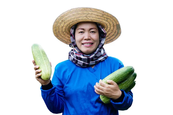 Mujer Asiática Feliz Jardinero Lleva Sombrero Camisa Azul Sostiene Pepinos — Foto de Stock