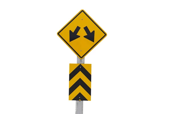 黄色交通标志 符号为两个箭头的两种方式 隔离在白色的背景 交通警告交通标志 — 图库照片