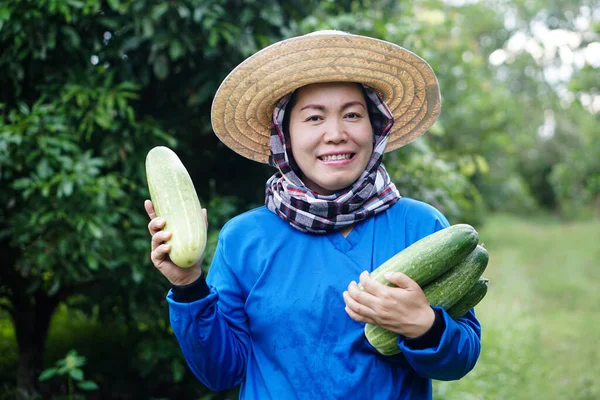 Mujer Asiática Feliz Jardinero Está Jardín Lleva Sombrero Camisa Azul — Foto de Stock