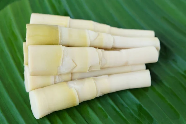 Pile Boiled Bamboo Shoots Green Banana Leaf Local Thai Food — Stockfoto