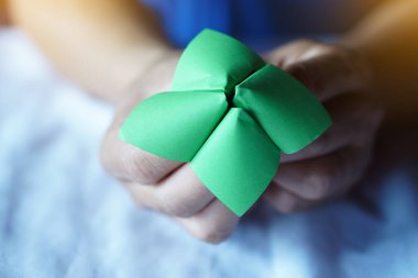 Kapalı yeşil kağıt origami. Kavram: Çocuk oyuncağı. Noel teması. Falcı mı? Yaz kampında yaratıcı eğlence oyunu ya da eğlence eğitimi için sınıf aktivitesi. Öğretim malzemesi.    