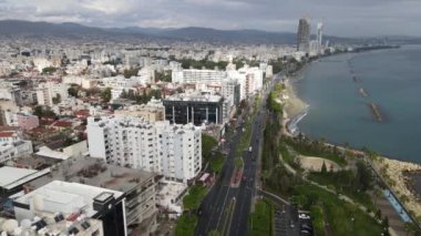 Molos Cyprus promenade in Limassol. Drone fly over one of the most famous promenades in Cyprus. City view.