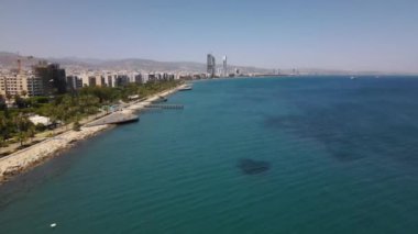 Embankment of Limassol in Cyprus. Modern architecture and old town. Skyscrapers.