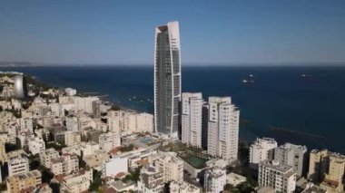 Embankment of Limassol in Cyprus. Modern architecture and old town. Skyscrapers.