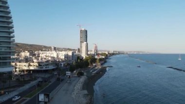 Embankment of Limassol in Cyprus. Modern architecture and old town. Skyscrapers.