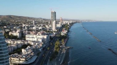Embankment of Limassol in Cyprus. Modern architecture and old town. Skyscrapers.
