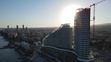 Embankment of Limassol in Cyprus. Modern architecture and old town. Skyscrapers.