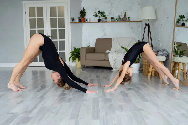 Happy family doing gymnastics together, fitness training with child. Body care, health concept. Young fit mother and daughter barefoot practicing yoga at home, standing in Downward facing dog exercise