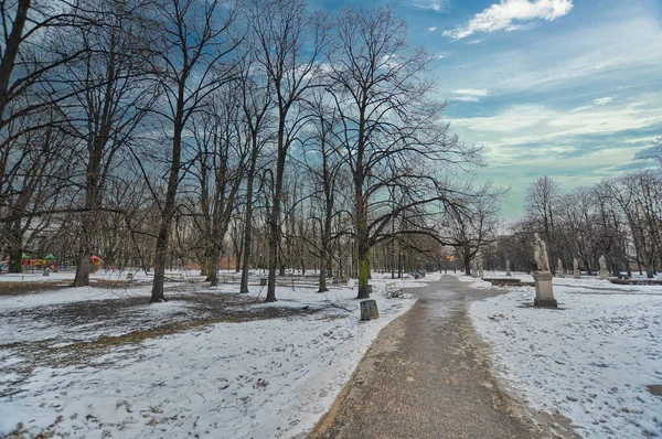 波兰华沙的公园 冬天下雪天 图库照片