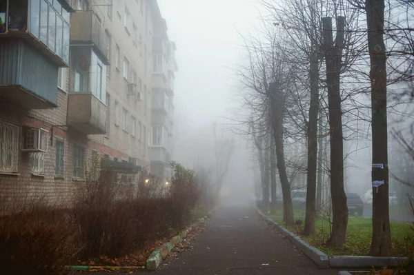 Late Autumn Street Asphalt Road Brick House Fog — Stock Photo, Image