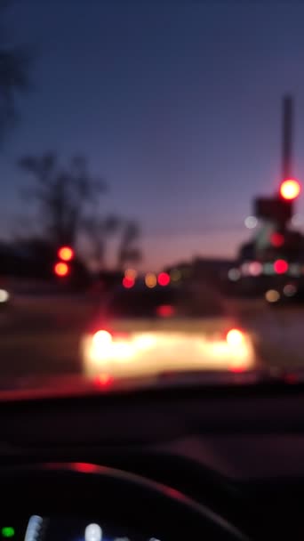 Straatverlichting en kleurrijke verkeerslichten uit de auto. Night Blur Bokeh Abstract. Stedelijke sfeer. Verticale videobeelden — Stockvideo