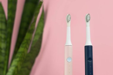 Yeni modern ultrasonik diş fırçaları. Pembe pastel arka planda yeşil yapraklı diş bakımı malzemeleri. Ağız temizliği, sakız sağlığı, sağlıklı dişler. Diş ürünleri Ultrasonik titreşim diş fırçası.