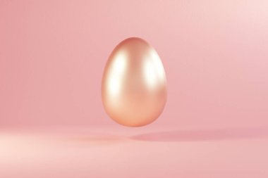 Easter golden glitter egg flying on pink background. Minimal easter concept. Happy Easter card with copy space for text. Levitating egg. 3d render.