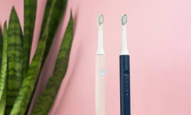 Yeni modern ultrasonik diş fırçaları. Pembe pastel arka planda yeşil yapraklı diş bakımı malzemeleri. Ağız temizliği, sakız sağlığı, sağlıklı dişler. Diş ürünleri Ultrasonik titreşim diş fırçası