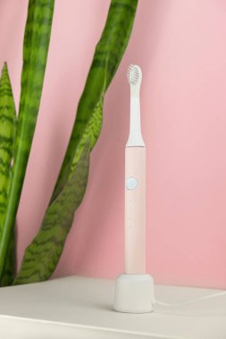 Yeni modern ultrasonik diş fırçaları. Pembe pastel arka planda yeşil yapraklı diş bakımı malzemeleri. Ağız temizliği, sakız sağlığı, sağlıklı dişler. Diş ürünleri Ultrasonik titreşim diş fırçası