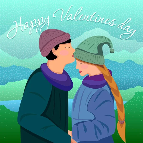 Mec Embrasse Fille Sur Front Carte Saint Valentin — Image vectorielle