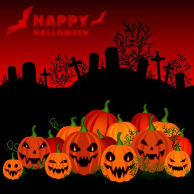 Cadılar Bayramı planı ya da kapağı. Mezarlığın arka planında balkabakları