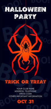 Cadılar Bayramı broşürü. Kocaman turuncu bir örümcek. Parti daveti