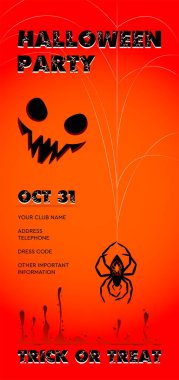 Cadılar Bayramı broşürü. Balkabağı canavar suratı. Kan izleri ve bir örümcek. Parti daveti