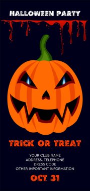 Cadılar Bayramı broşürü. Gözlerinde ateş olan bir balkabağı canavarının yüzü. Kan izleri. Parti daveti