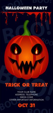 Cadılar Bayramı broşürü. Gözlerinde ateş olan bir balkabağı canavarının yüzü. Kan izleri. Parti daveti