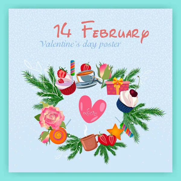 Hediyelerin Dekoratif Çelengi Sevgililer Günü Posteri Şubat — Stok Vektör