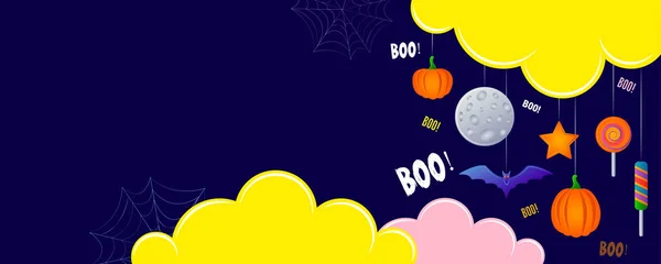 Banner Halloween Nuvole Caramelle Pipistrelli Zucche Altri Oggetti Arredamento — Vettoriale Stock