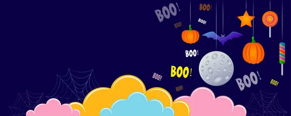 Baner Halloween Chmury Słodycze Nietoperze Dynie Pozostałe Dekoracje — Wektor stockowy