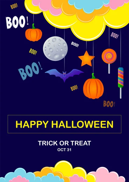 Banner Halloweenkor Cukorka Denevér Tök Bubu — Stock Vector