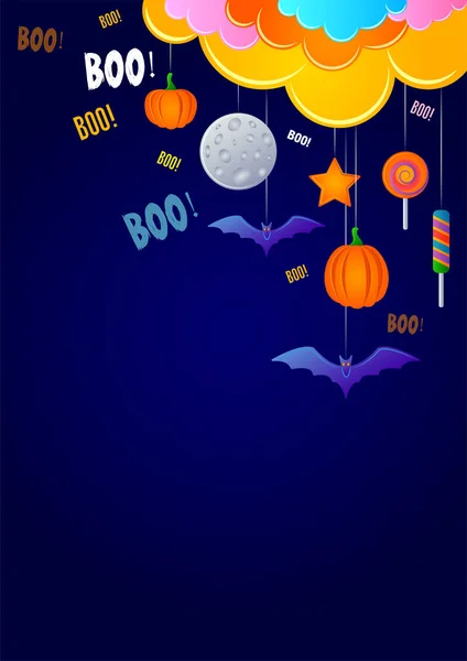 Banner Halloweenkor Felhők Cukorkák Denevérek Tök — Stock Vector