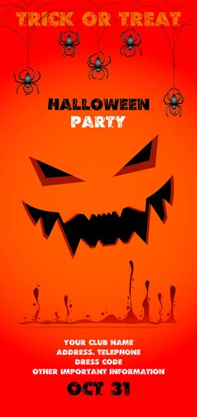 Folleto Naranja Para Halloween Cara Monstruo Calabaza Rayas Sangre Invitación — Vector de stock