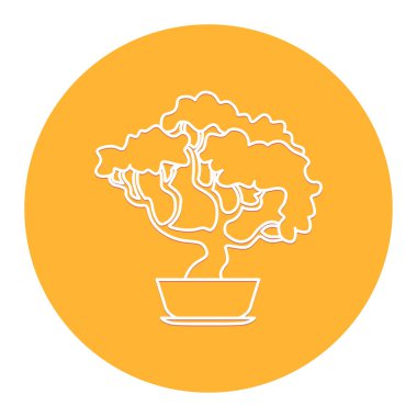 Bonsai. Taslak çizim. Sarı çemberde beyaz çizim. Vektör 