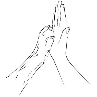 Bir adamın eli ve bir köpeğin pençesi. Arkadaşlık ve güven. Vektör