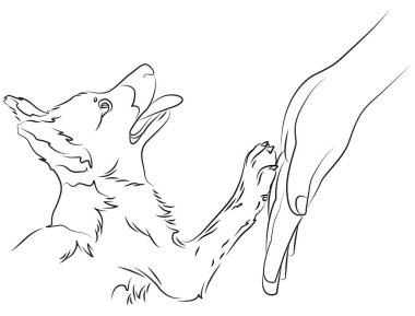 Köpek yavrusu ve insan eli. Arkadaşlık ve güven. Vektör 