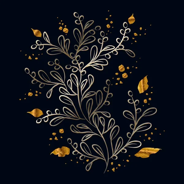 Стилизованное Растение Серебряный Контур Золотые Листья Паттерн — стоковый вектор