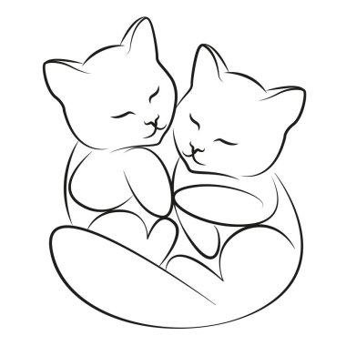 Sarılan iki kedi. Yavru kediler. Çizgi çizimi 