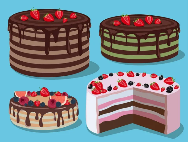 Varios Pasteles Decorados Con Bayas — Vector de stock