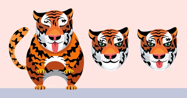 Cartoon Character Tiger Variations Heads Different Facial Expressions Animal Stylization — Stock Vector