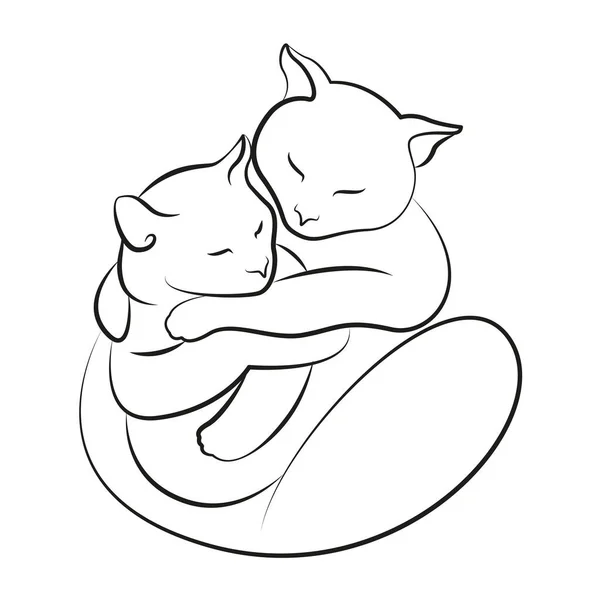 Две Кошки Обнимаются Котята Рисунок Линий — стоковый вектор