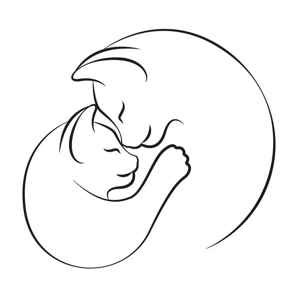 Две Кошки Обнимаются Кот Котенком Линейный Рисунок Логотип — стоковый вектор