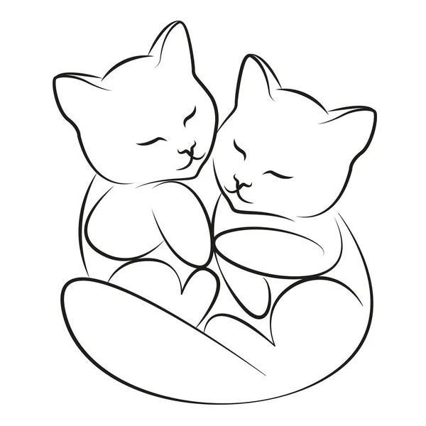 Две Кошки Обнимаются Котята Рисунок Линий — стоковый вектор
