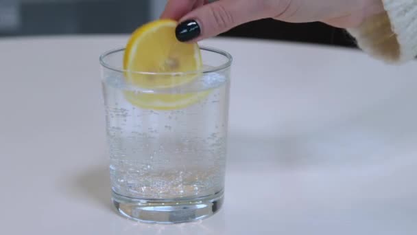 Добавление Ломтиков Лимона Воду — стоковое видео