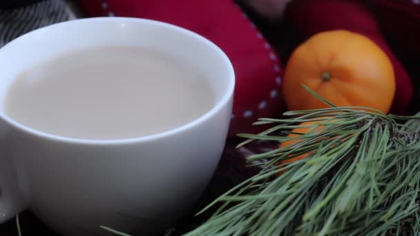 舒适的冬季气氛 一杯咖啡 冬天的手套和松枝 — 图库视频影像