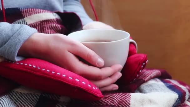 Egy Csésze Meleg Tea Télen Hangulatos Élvezem Reggelt — Stock videók