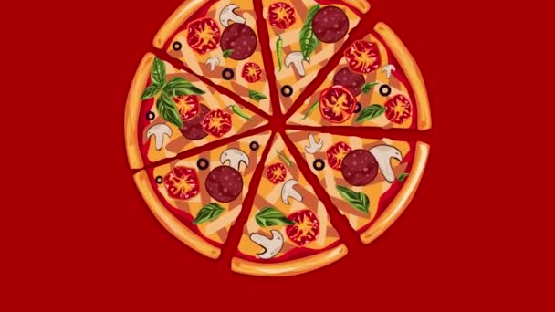 Pizza Sobre Fondo Rojo Desapareciendo Reapareciendo Piezas — Vídeo de stock